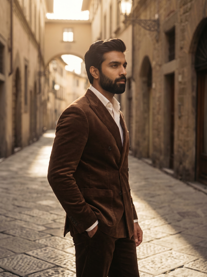 Brown Velvet Double Breasted Suit — Custom Made to Measure - side view