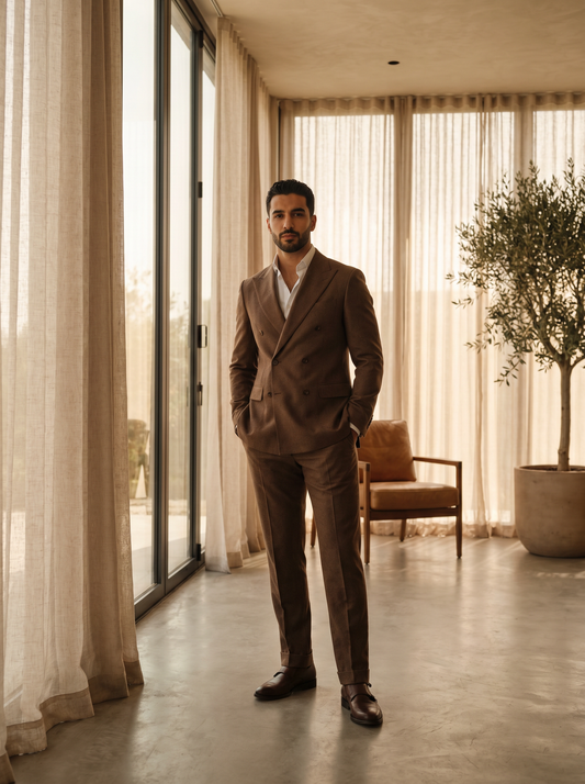 Brown Wool Double Breasted Suit — Custom Made to Measure - front view