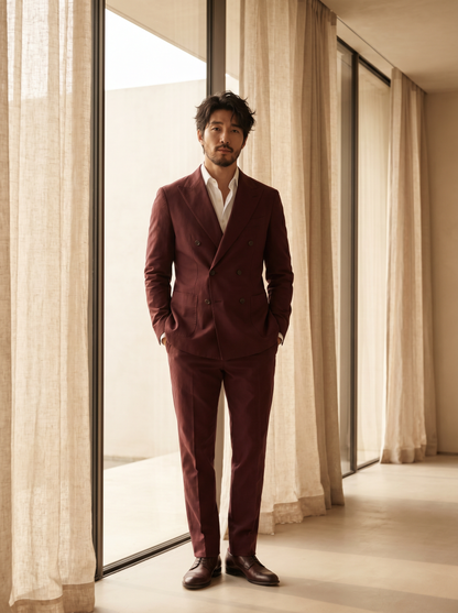 Burgundy Cotton Double Breasted Suit — Custom Made to Measure - front view