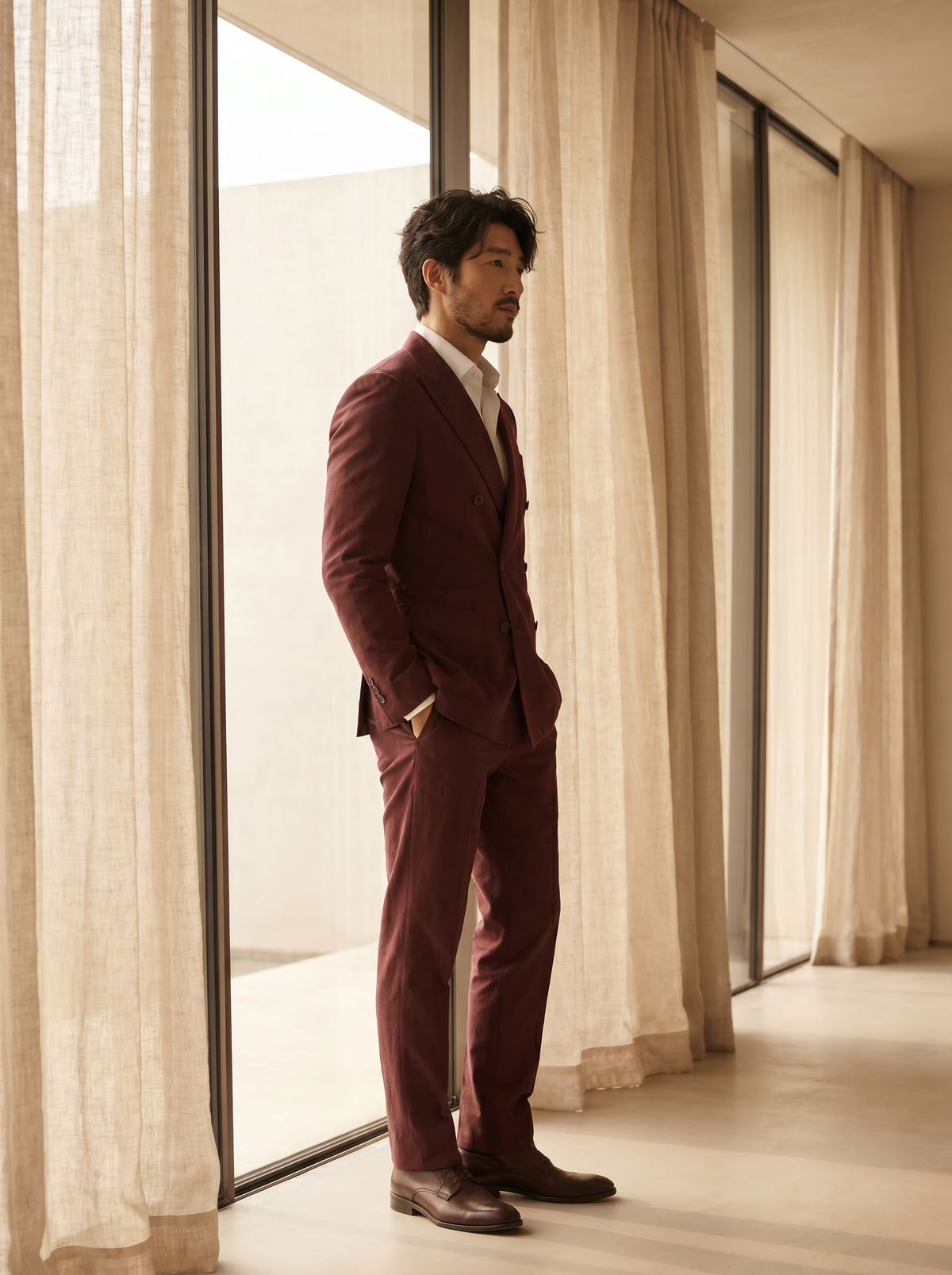 Burgundy Cotton Double Breasted Suit — Custom Made to Measure - side view