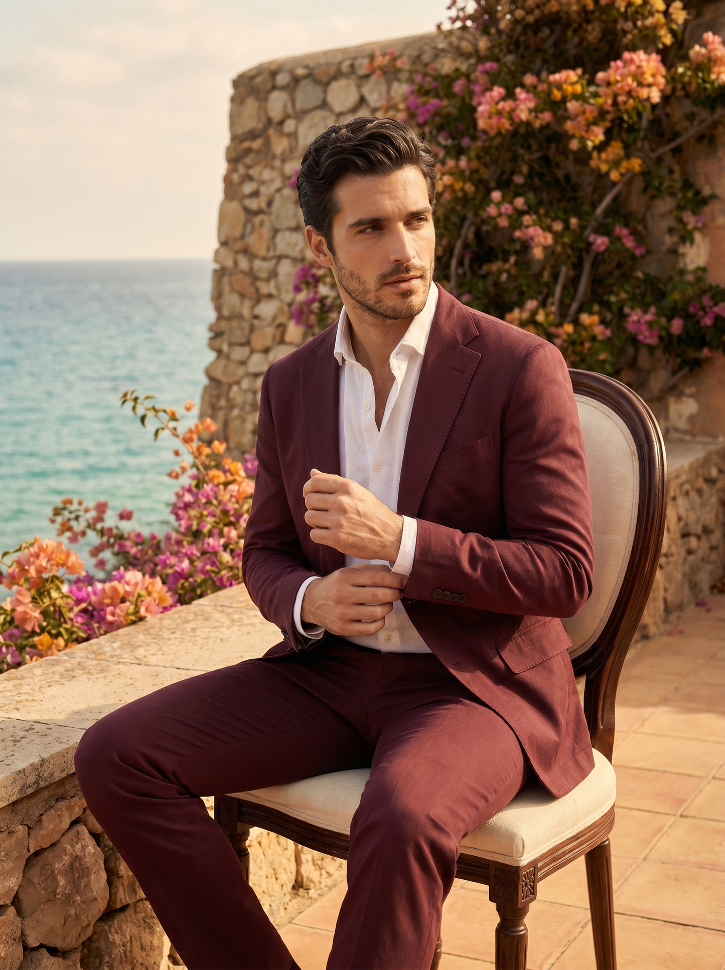 Burgundy Cotton Graduation Suit — Custom Made to Measure - seated view