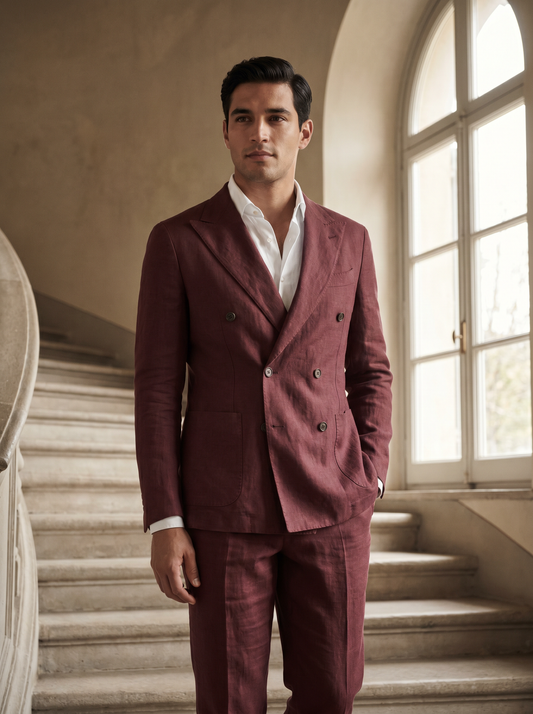 Burgundy Linen Double Breasted Suit — Custom Made to Measure - front view
