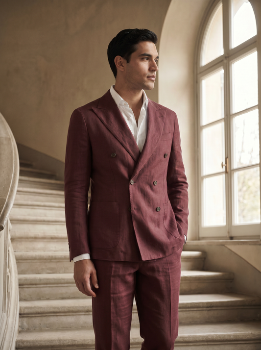 Burgundy Linen Double Breasted Suit — Custom Made to Measure - side view