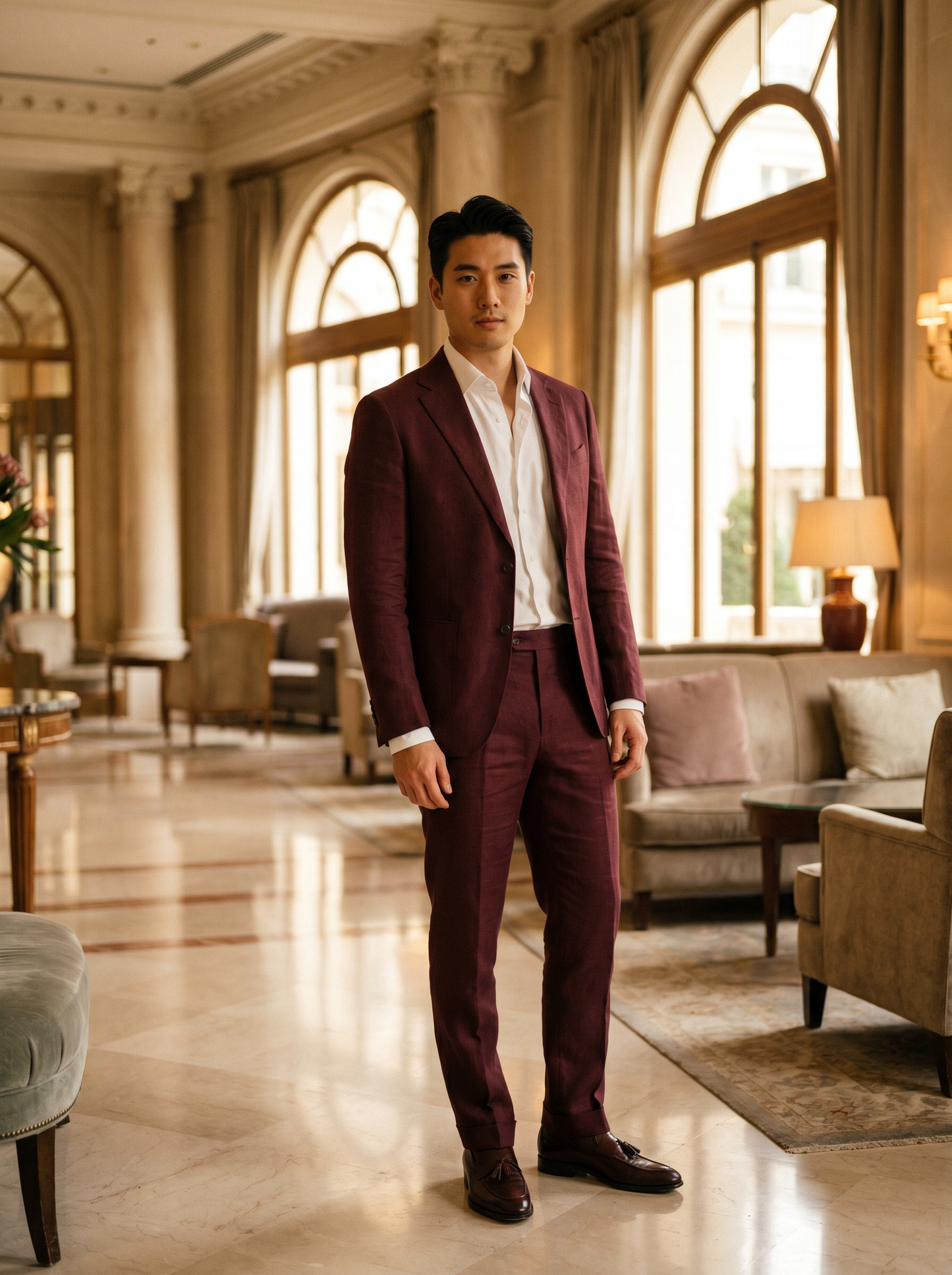 Burgundy Linen Groomsmen Suit — Custom Made to Measure - front view