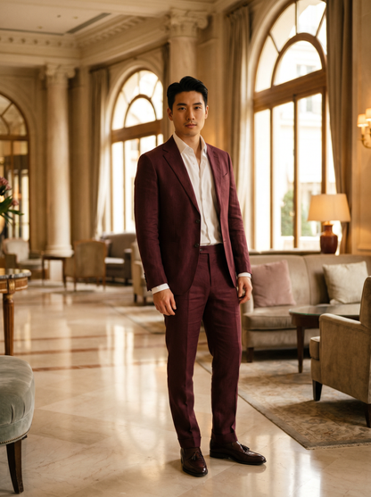 Burgundy Linen Groomsmen Suit — Custom Made to Measure - front view