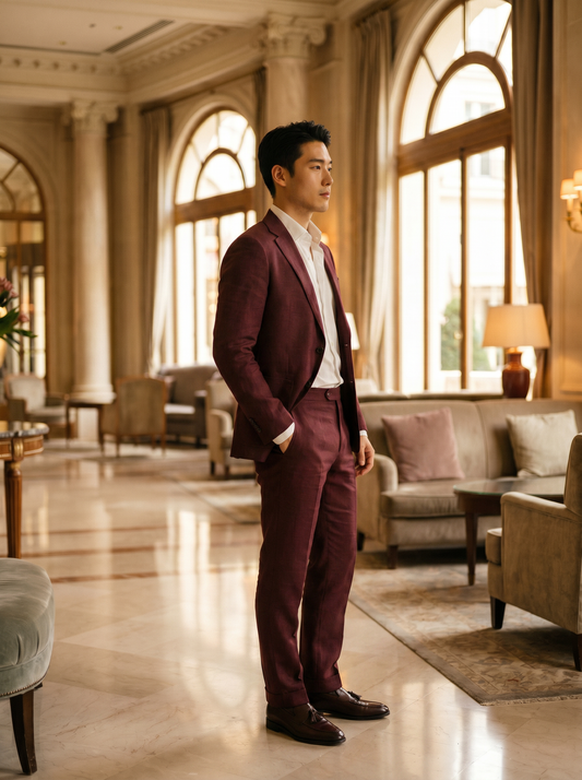 Burgundy Linen Groomsmen Suit — Custom Made to Measure - side view