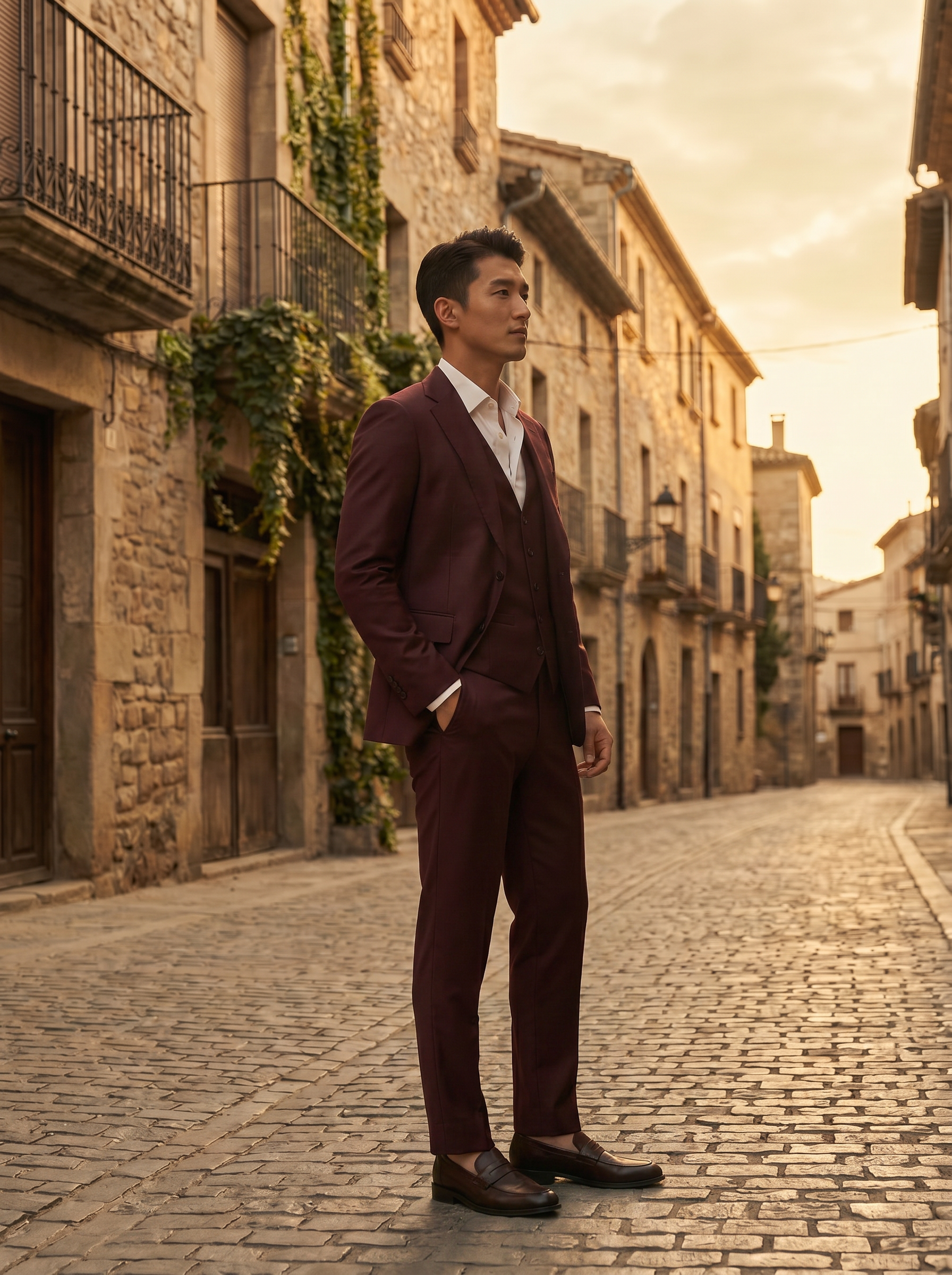 Burgundy Silk Blend 3-Piece Suit — Custom Made to Measure - side view