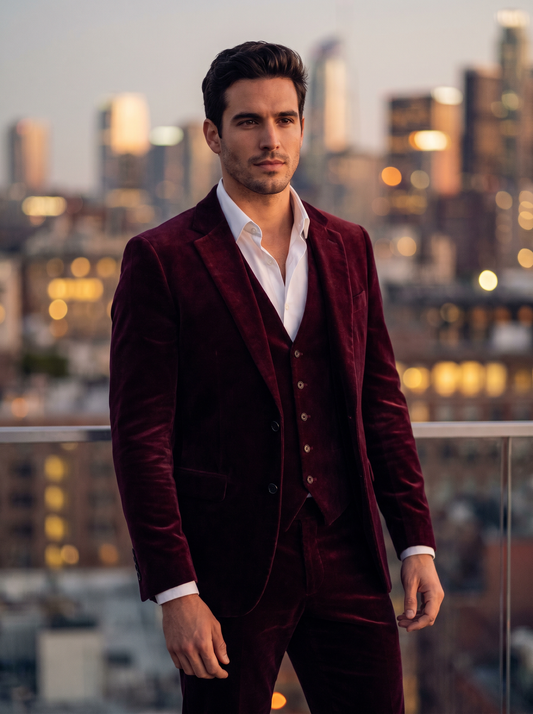 Burgundy Velvet 3-Piece Suit — Custom Made to Measure - front view