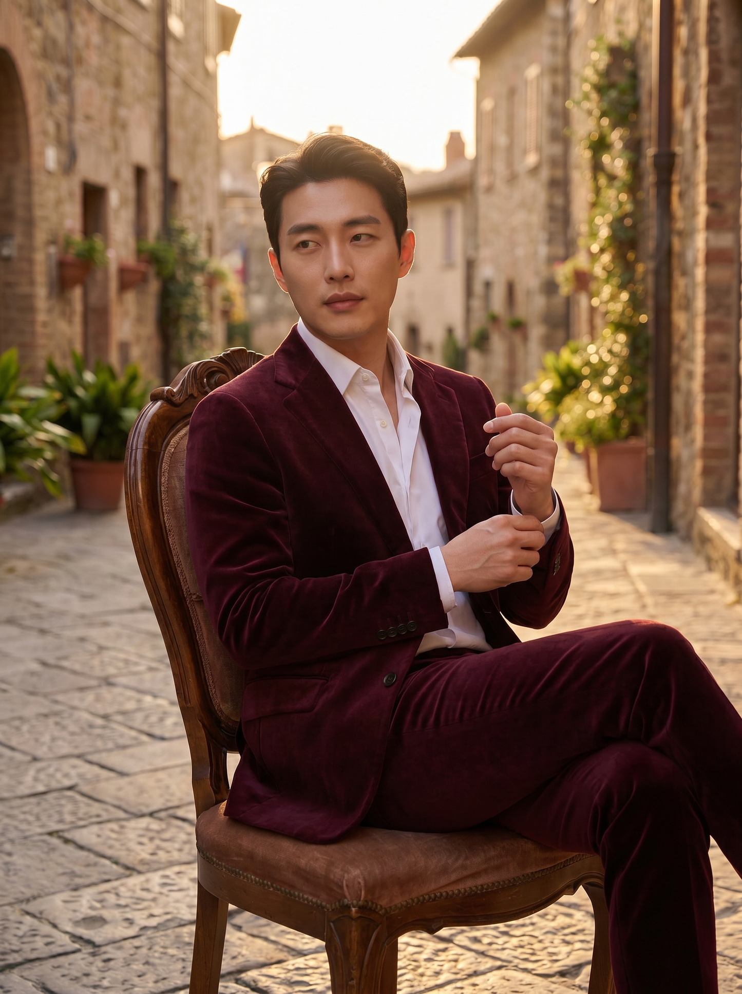 Burgundy Velvet Suit — Custom Made to Measure - seated view