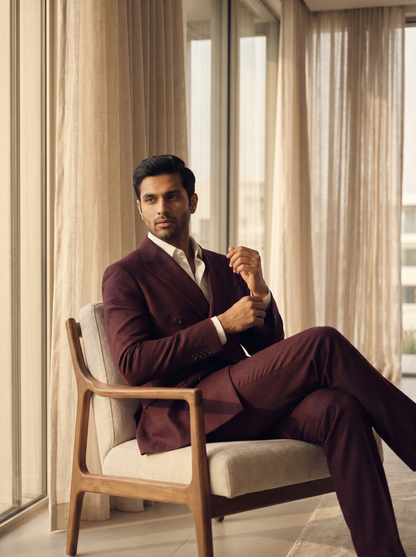 Burgundy Wool Double Breasted Suit — Custom Made to Measure - seated view