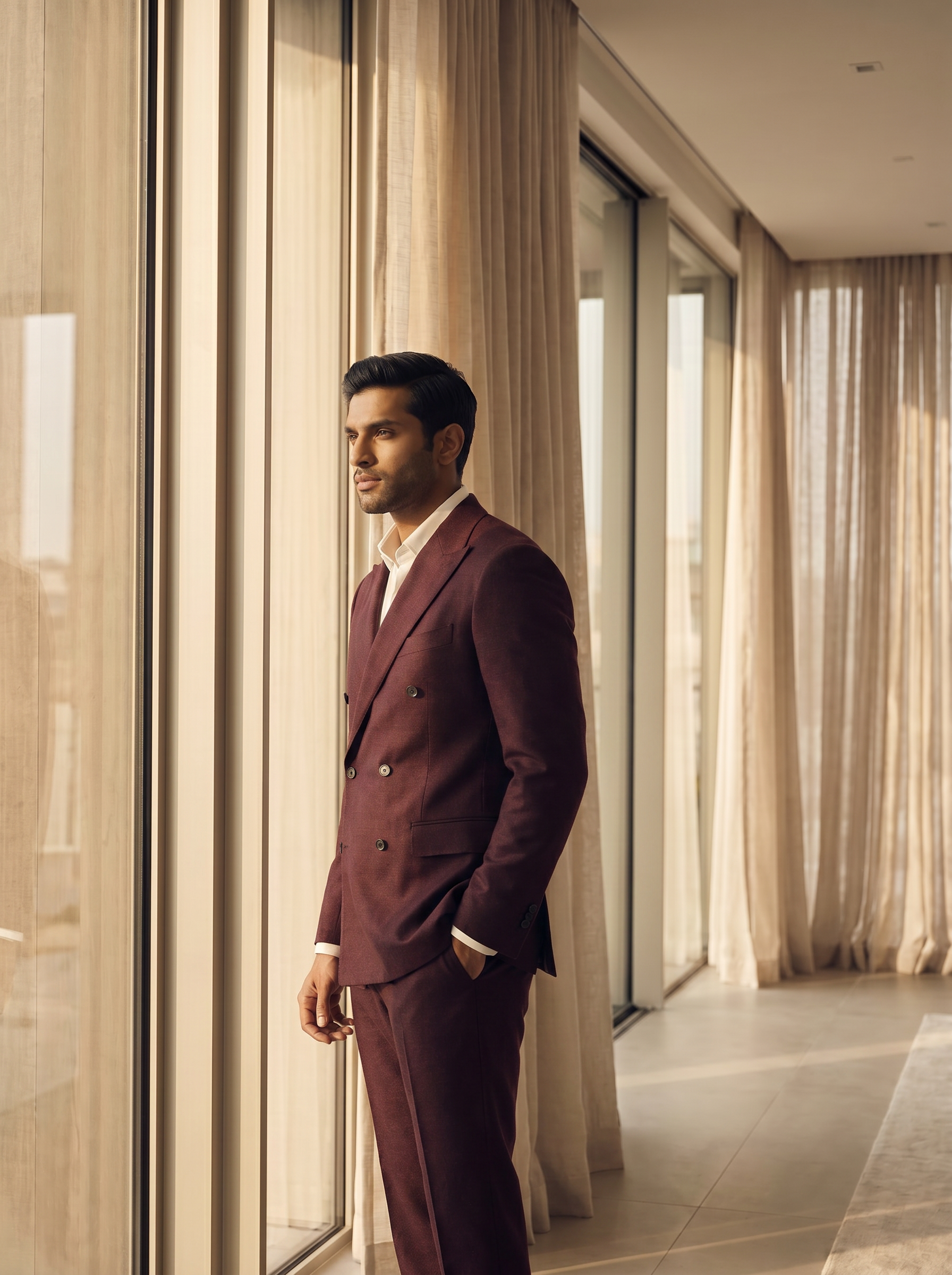 Burgundy Wool Double Breasted Suit — Custom Made to Measure - side view