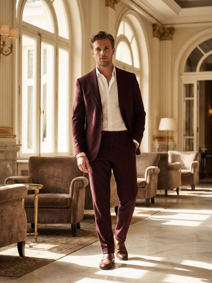 Burgundy Wool Groomsmen Suit — Custom Made to Measure