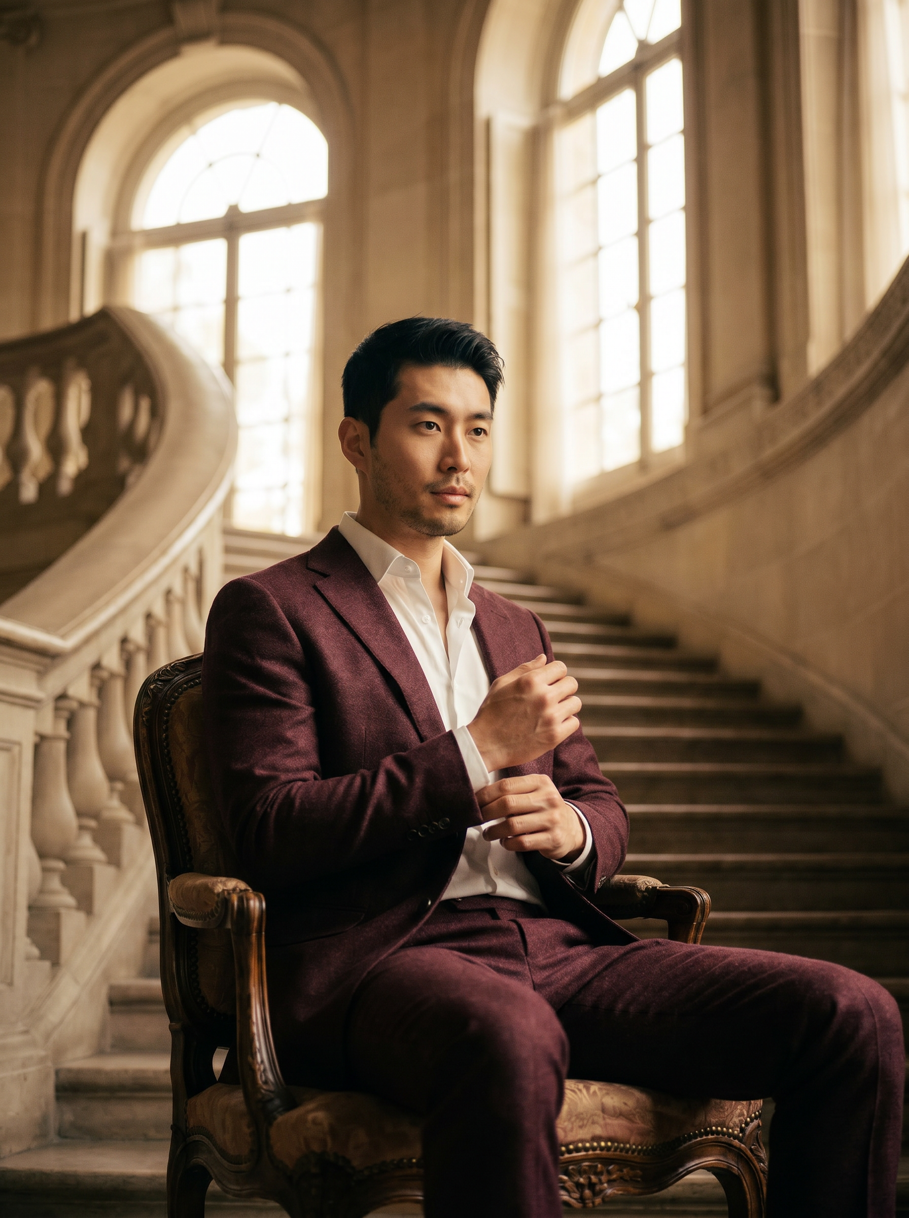 Burgundy Wool Suit — Custom Made to Measure - seated view
