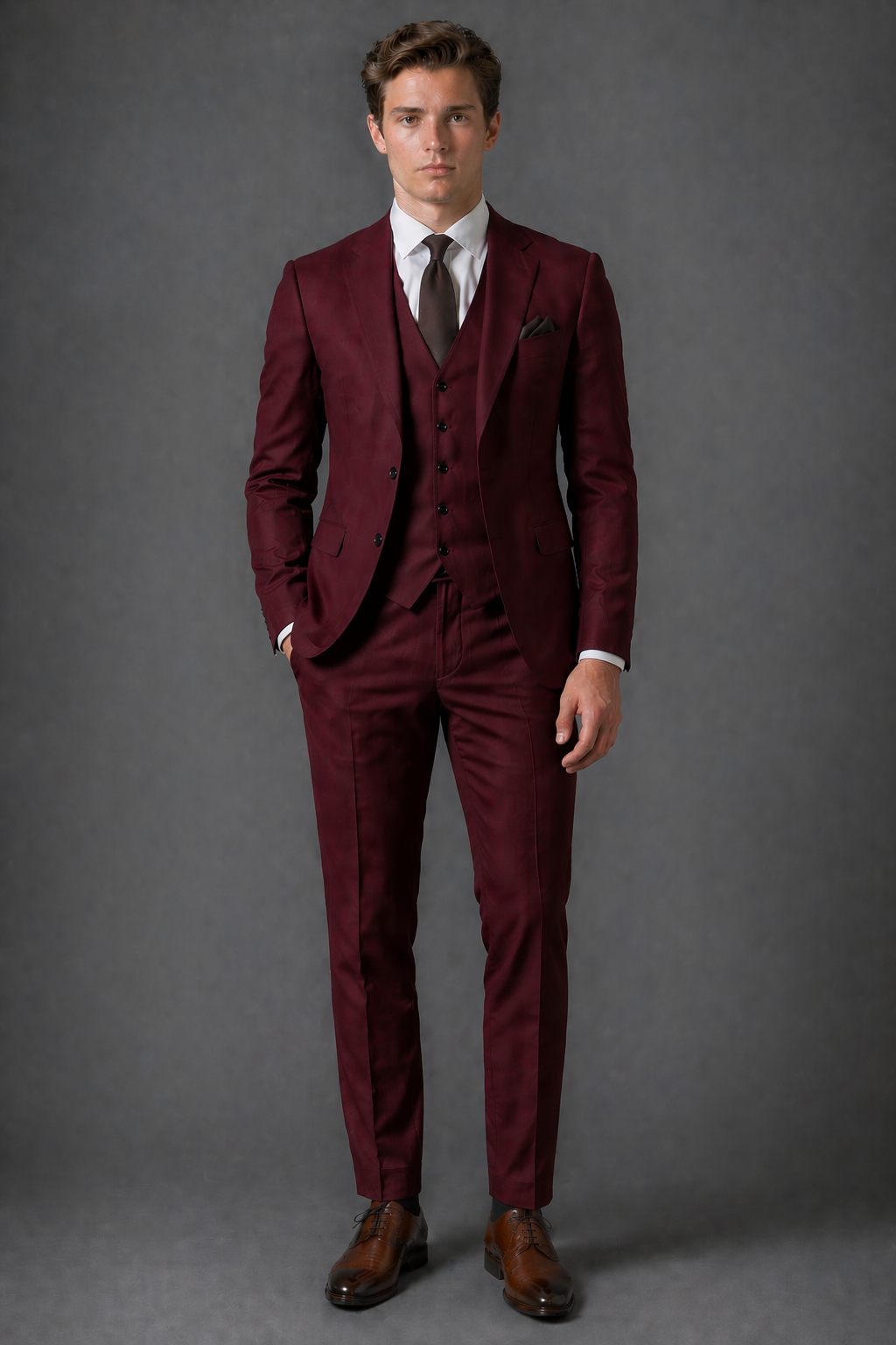 Burgundy Cotton Slim Fit Suit — Custom Made to Measure