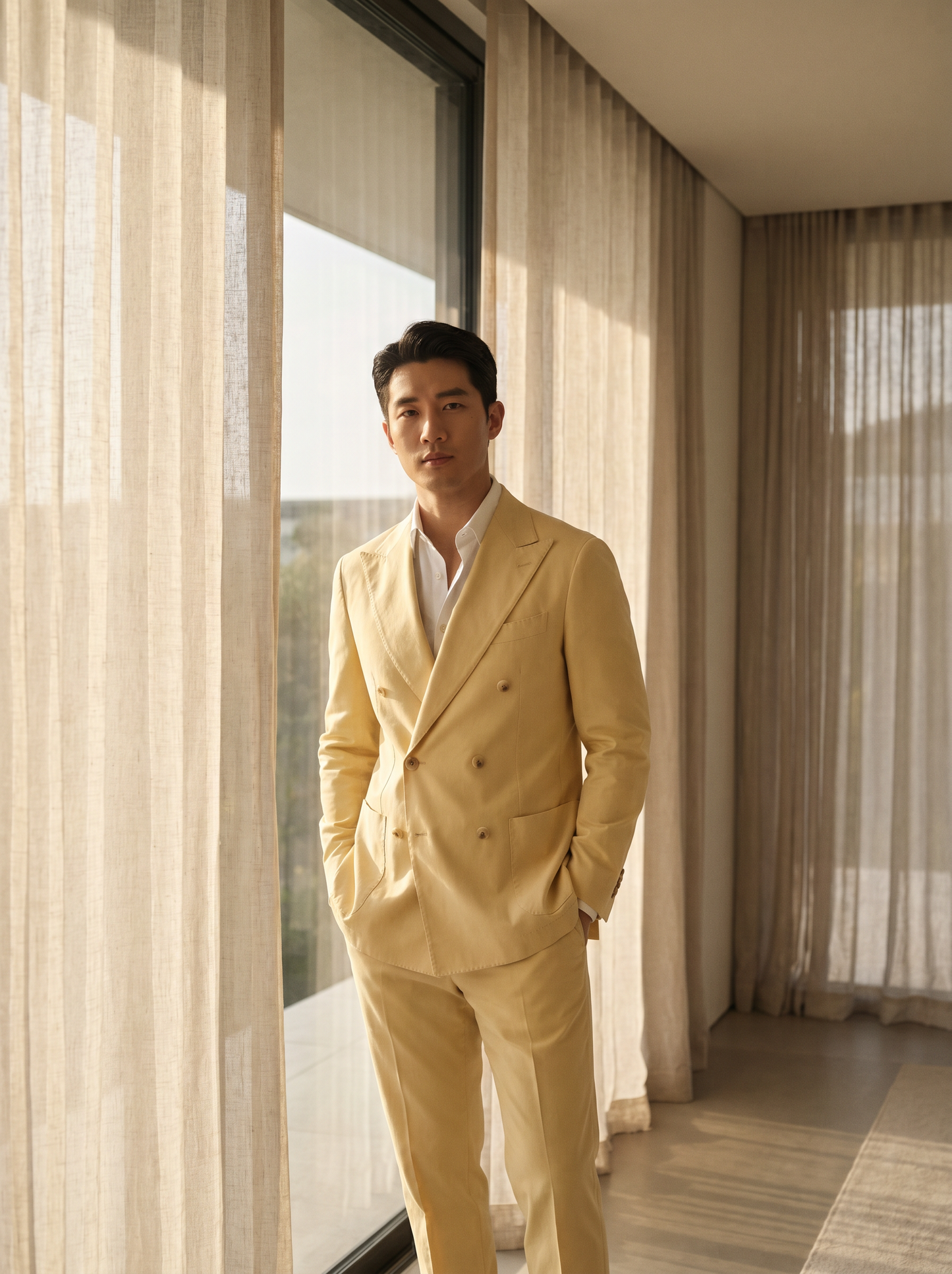 Butter Yellow Cotton Double Breasted Suit — Custom Made to Measure - front view