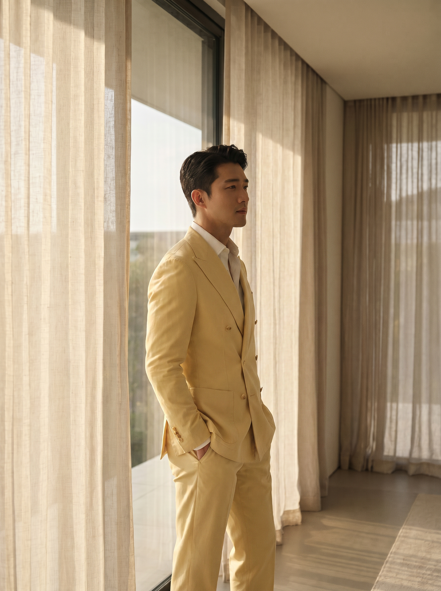 Butter Yellow Cotton Double Breasted Suit — Custom Made to Measure - side view