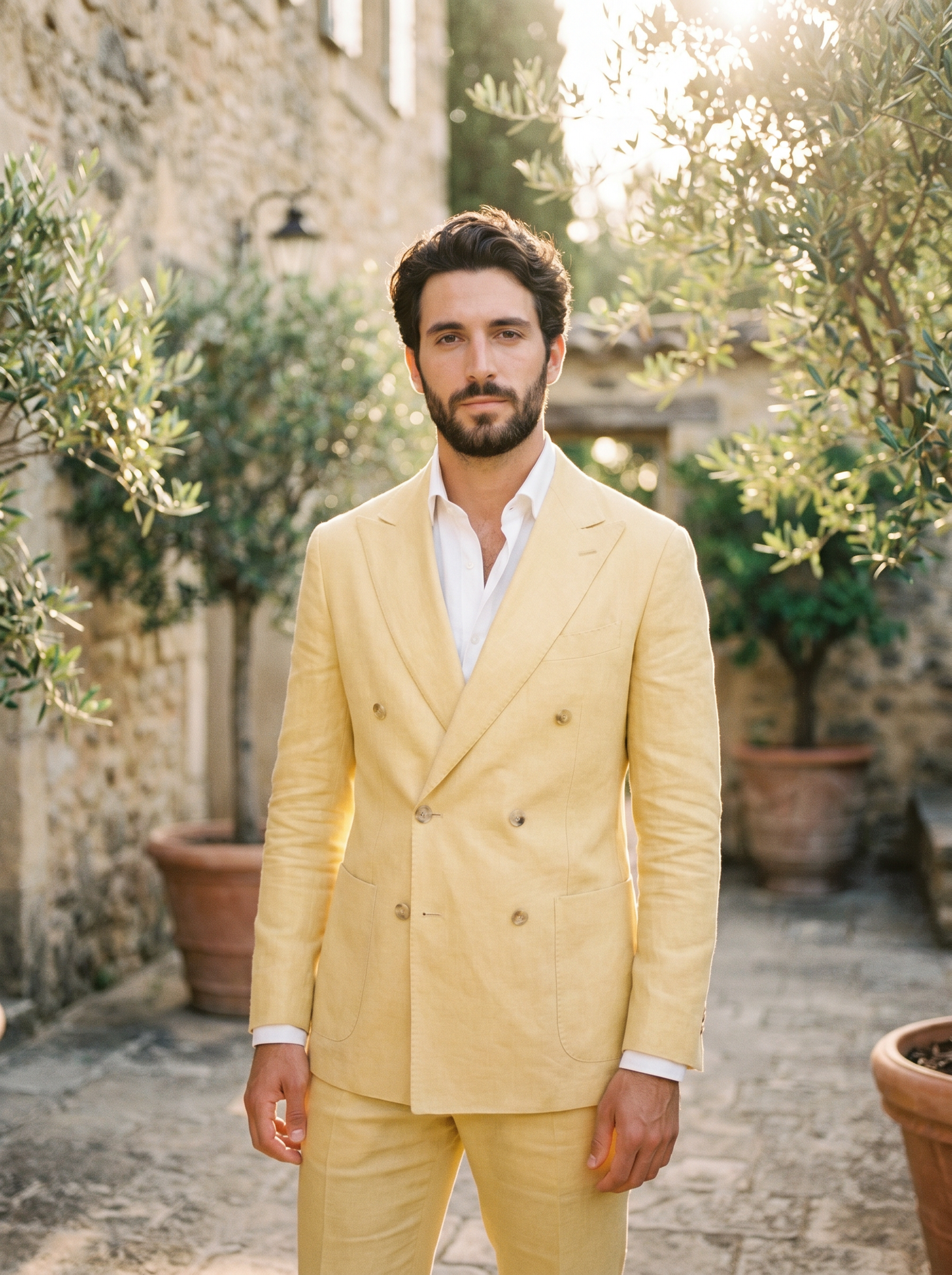 Butter Yellow Linen Double Breasted Suit — Custom Made to Measure - front view
