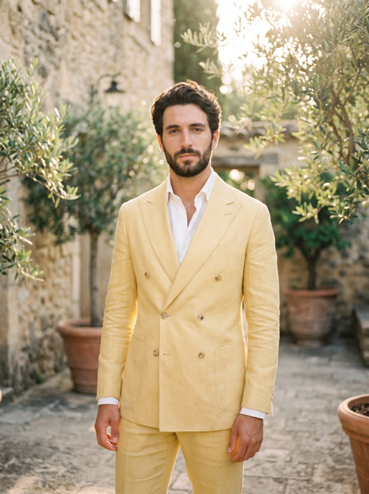 Butter Yellow Linen Double Breasted Suit — Custom Made to Measure - front view