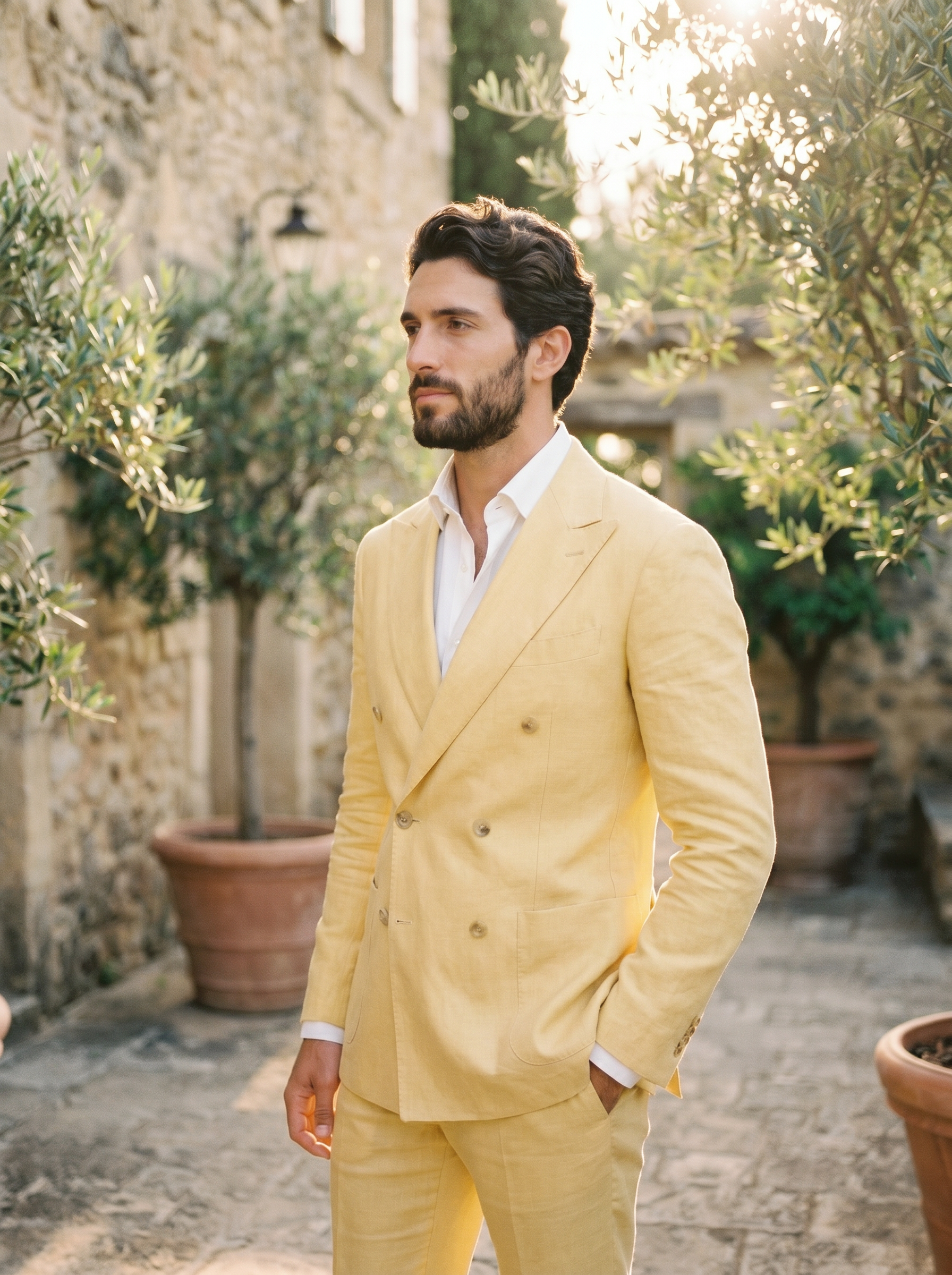 Butter Yellow Linen Double Breasted Suit — Custom Made to Measure - side view
