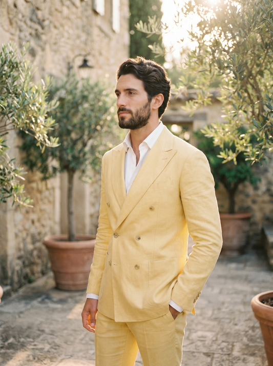 Butter Yellow Linen Double Breasted Suit — Custom Made to Measure - side view