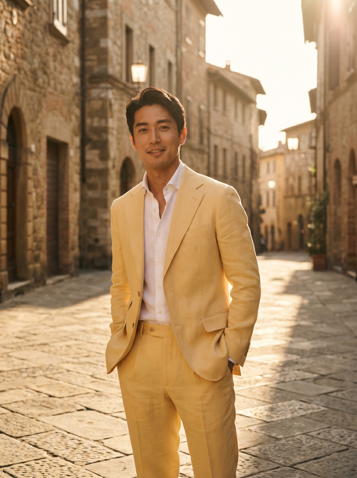 Butter Yellow Linen Groomsmen Suit — Custom Made to Measure - front view