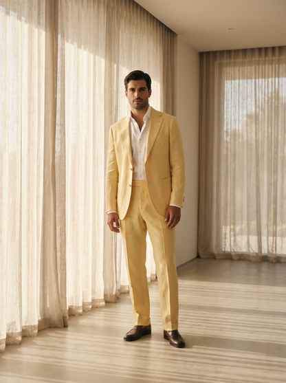 Butter Yellow Linen Suit — Custom Made to Measure - front view
