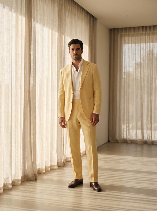 Butter Yellow Linen Suit — Custom Made to Measure - front view