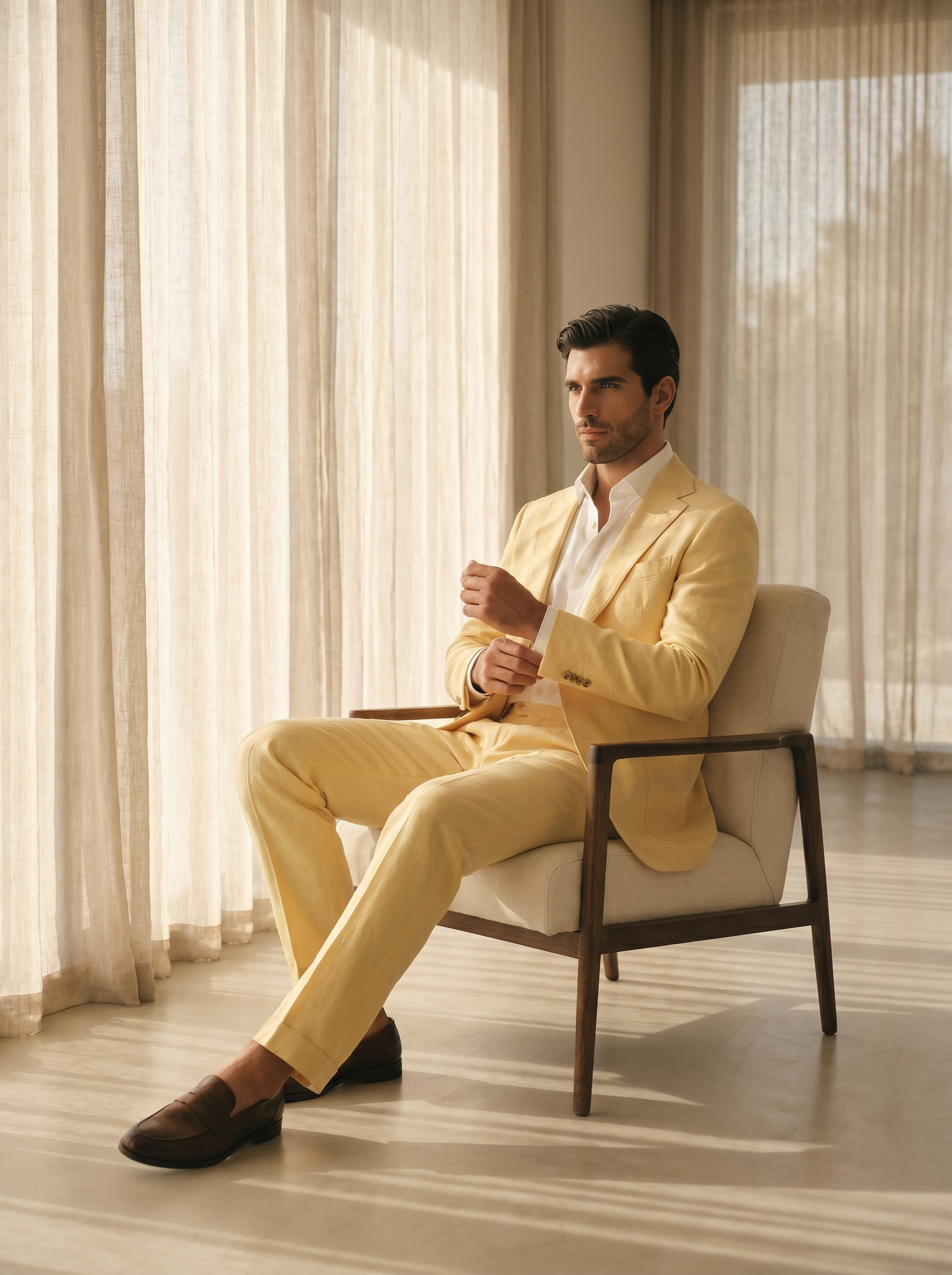 Butter Yellow Linen Suit — Custom Made to Measure - seated view