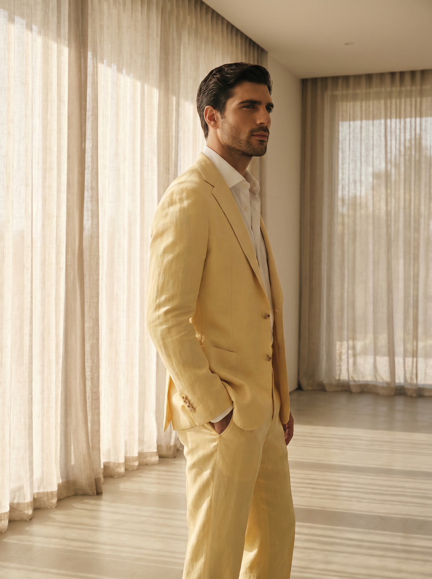 Butter Yellow Linen Suit — Custom Made to Measure - side view