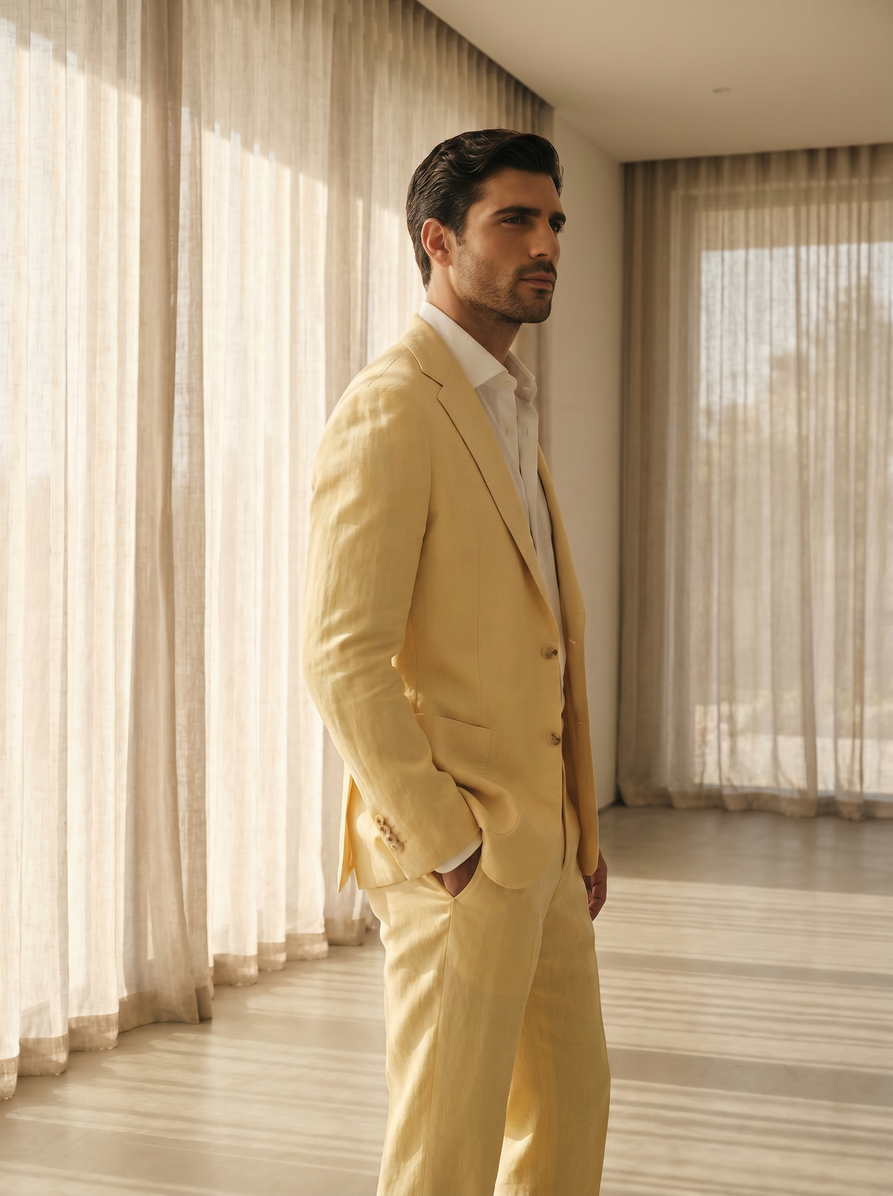 Butter Yellow Linen Suit — Custom Made to Measure - side view
