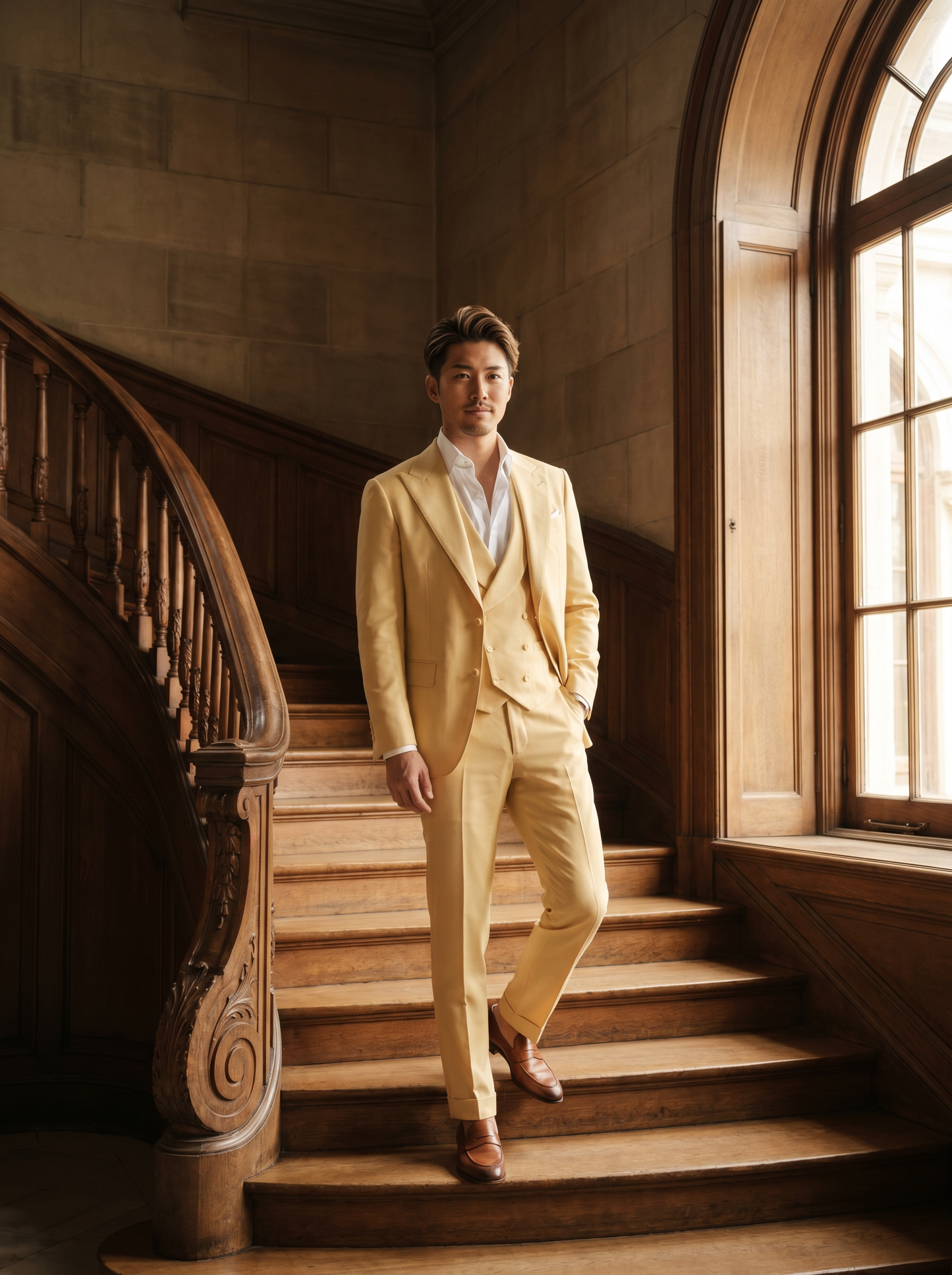 Butter Yellow Silk Blend 3-Piece Suit — Custom Made to Measure - front view