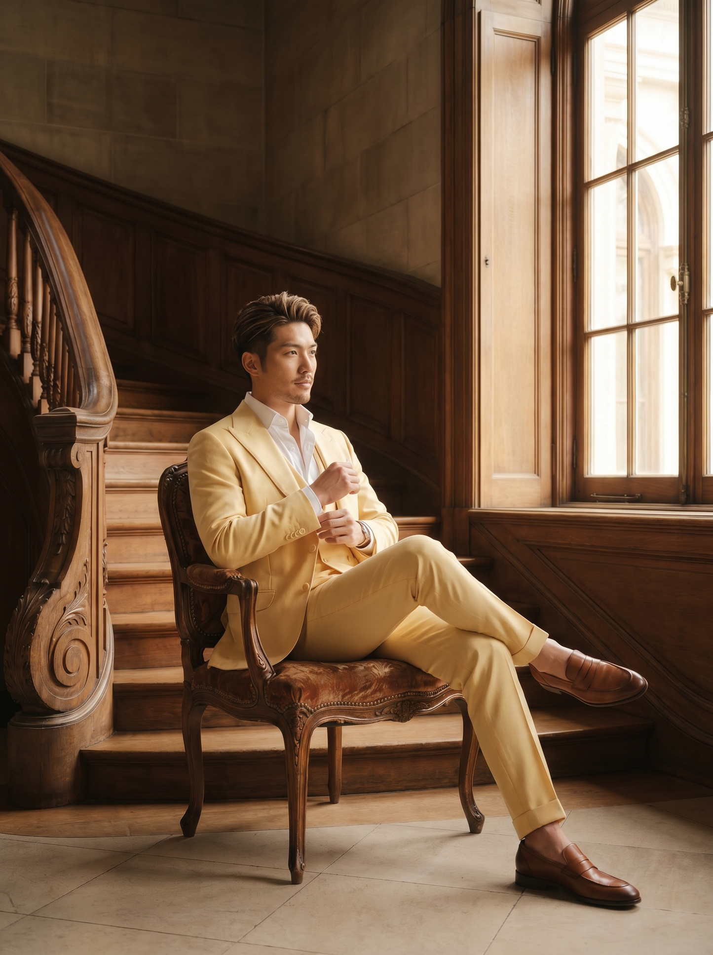 Butter Yellow Silk Blend 3-Piece Suit — Custom Made to Measure - seated view