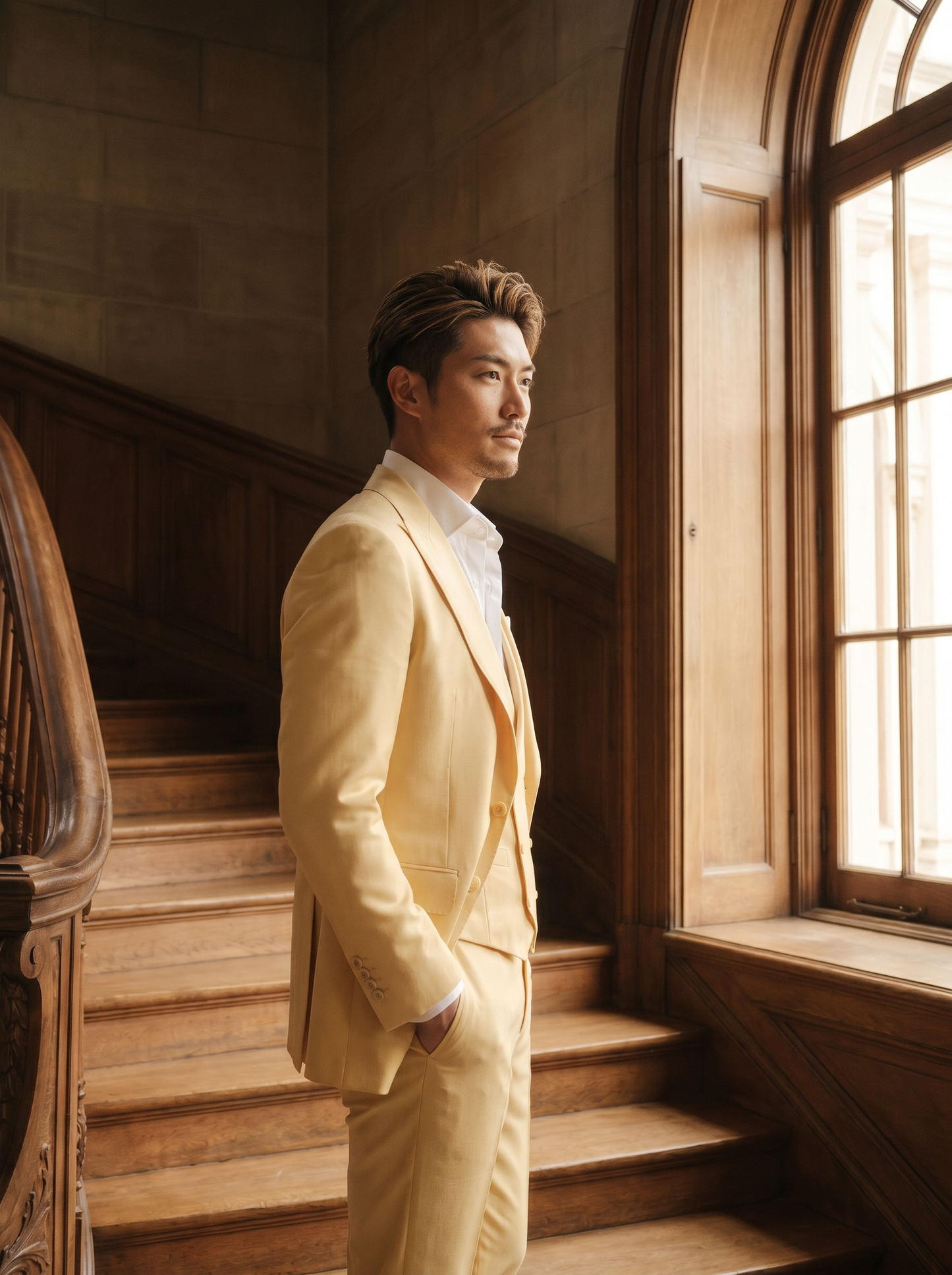 Butter Yellow Silk Blend 3-Piece Suit — Custom Made to Measure - side view