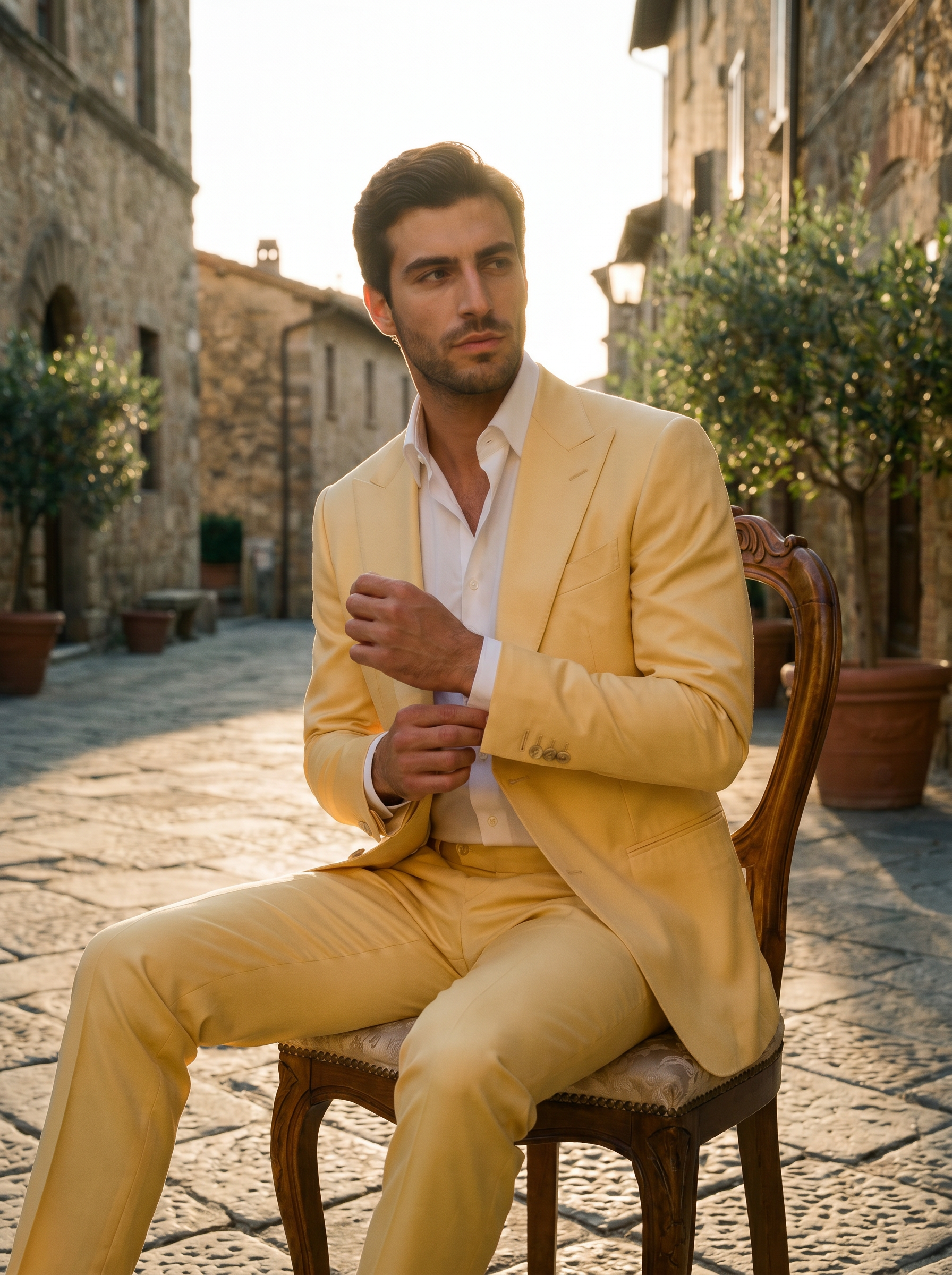 Butter Yellow Silk Blend Suit — Custom Made to Measure - seated view