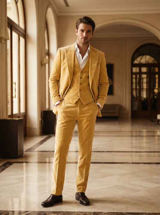 Butter Yellow Velvet 3-Piece Suit — Custom Made to Measure - front view