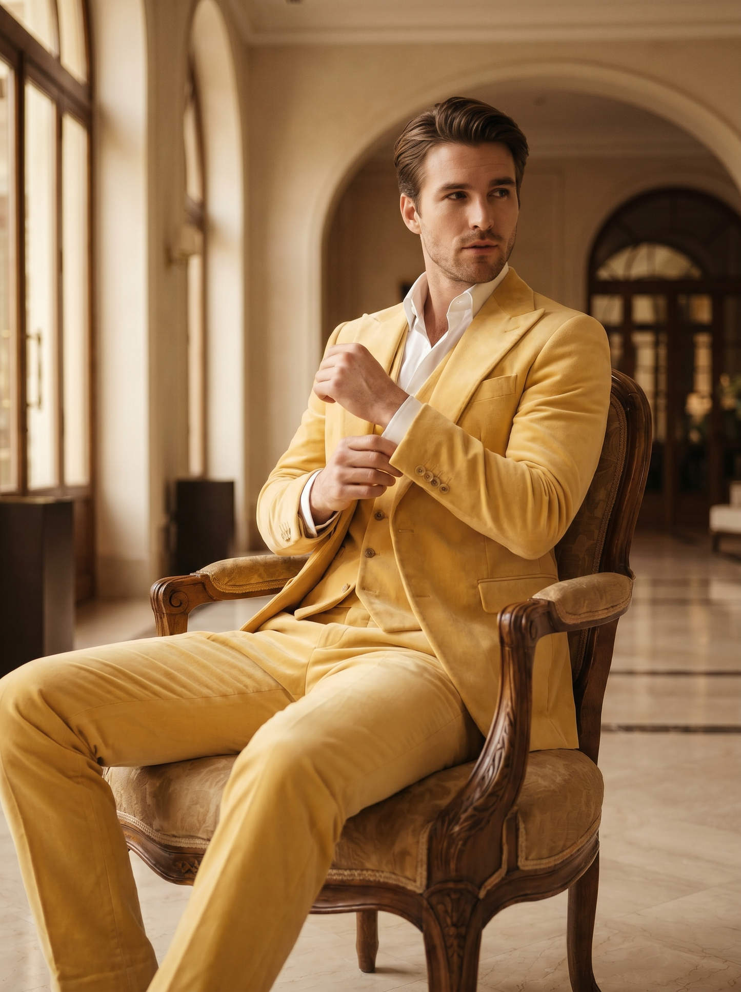 Butter Yellow Velvet 3-Piece Suit — Custom Made to Measure - seated view
