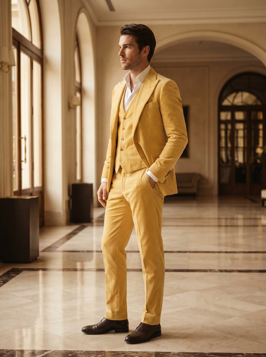 Butter Yellow Velvet 3-Piece Suit — Custom Made to Measure - side view