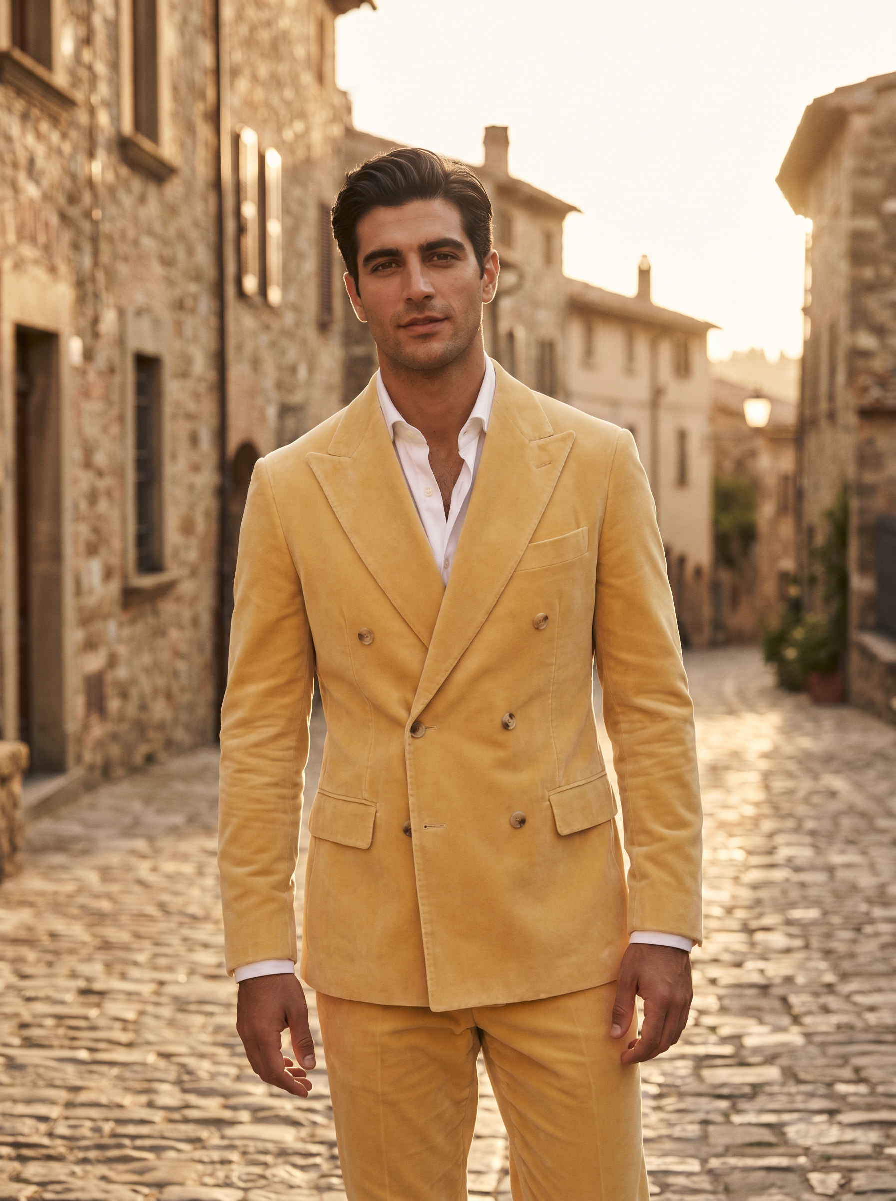 Butter Yellow Velvet Double Breasted Suit — Custom Made to Measure - front view