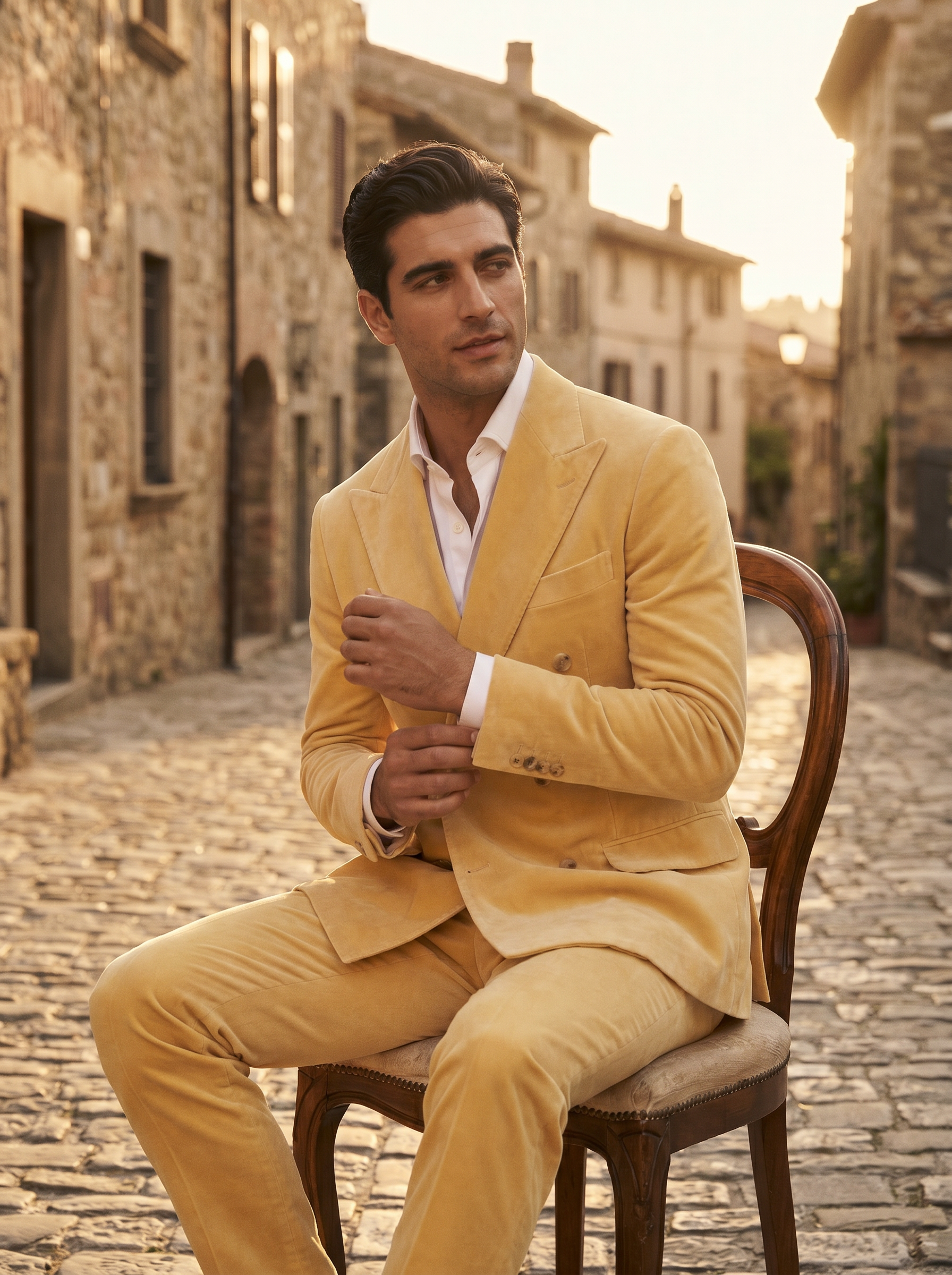 Butter Yellow Velvet Double Breasted Suit — Custom Made to Measure - seated view