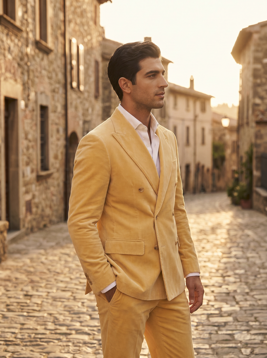 Butter Yellow Velvet Double Breasted Suit — Custom Made to Measure - side view