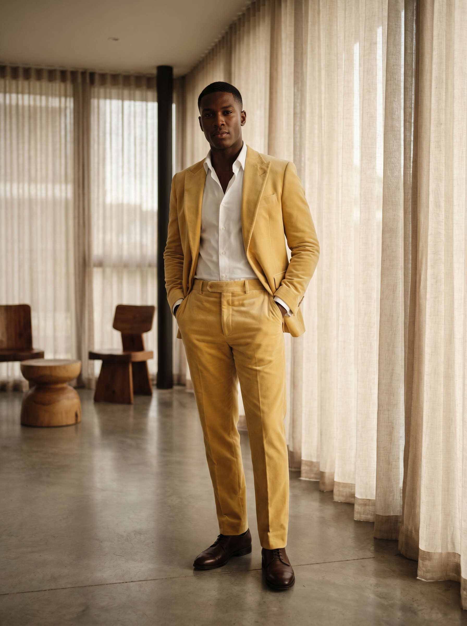 Butter Yellow Velvet Groomsmen Suit — Custom Made to Measure - front view