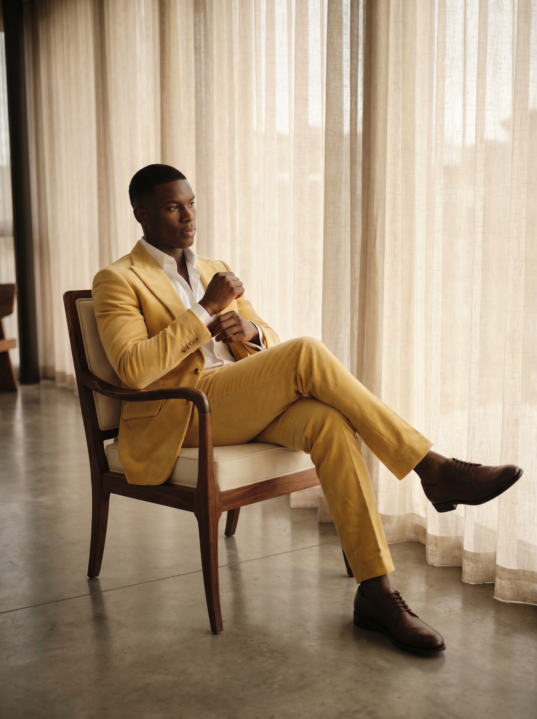 Butter Yellow Velvet Groomsmen Suit — Custom Made to Measure - seated view