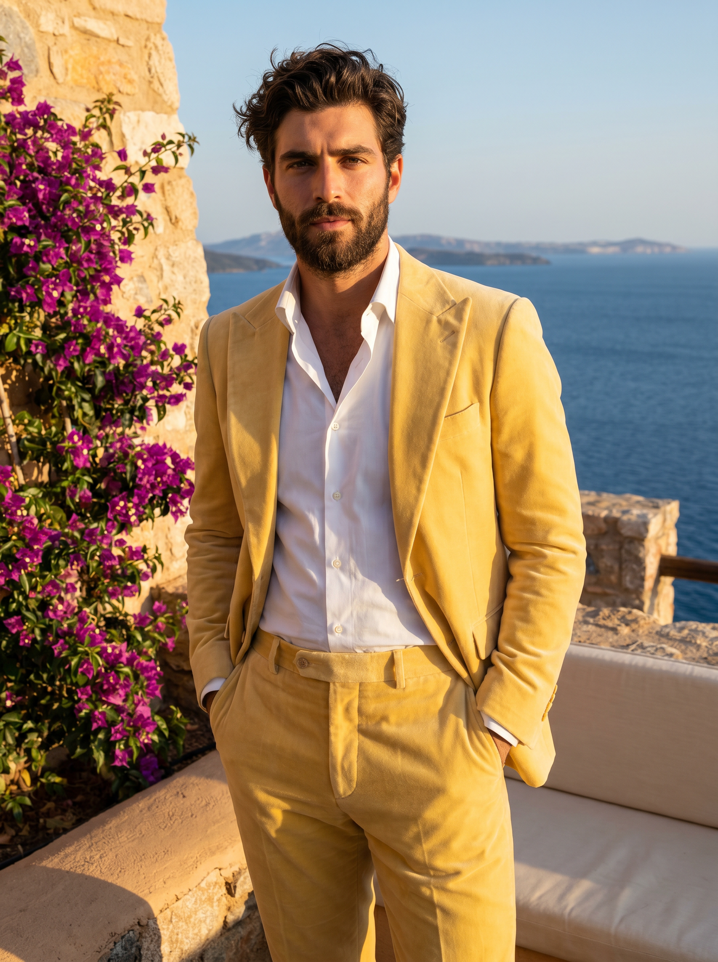 Butter Yellow Velvet Suit — Custom Made to Measure - front view