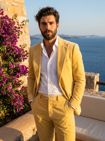 Butter Yellow Velvet Suit — Custom Made to Measure - front view