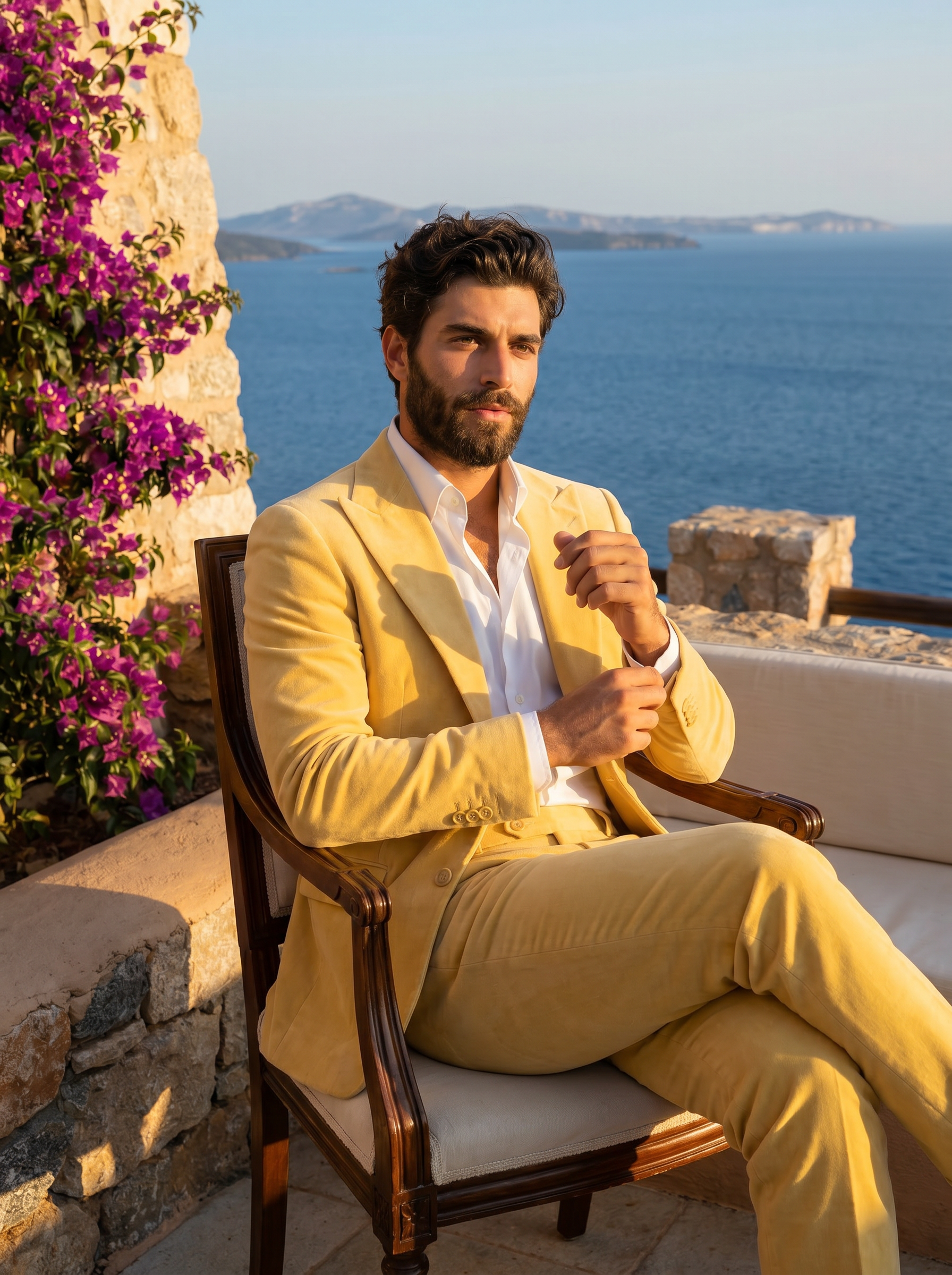 Butter Yellow Velvet Suit — Custom Made to Measure - seated view