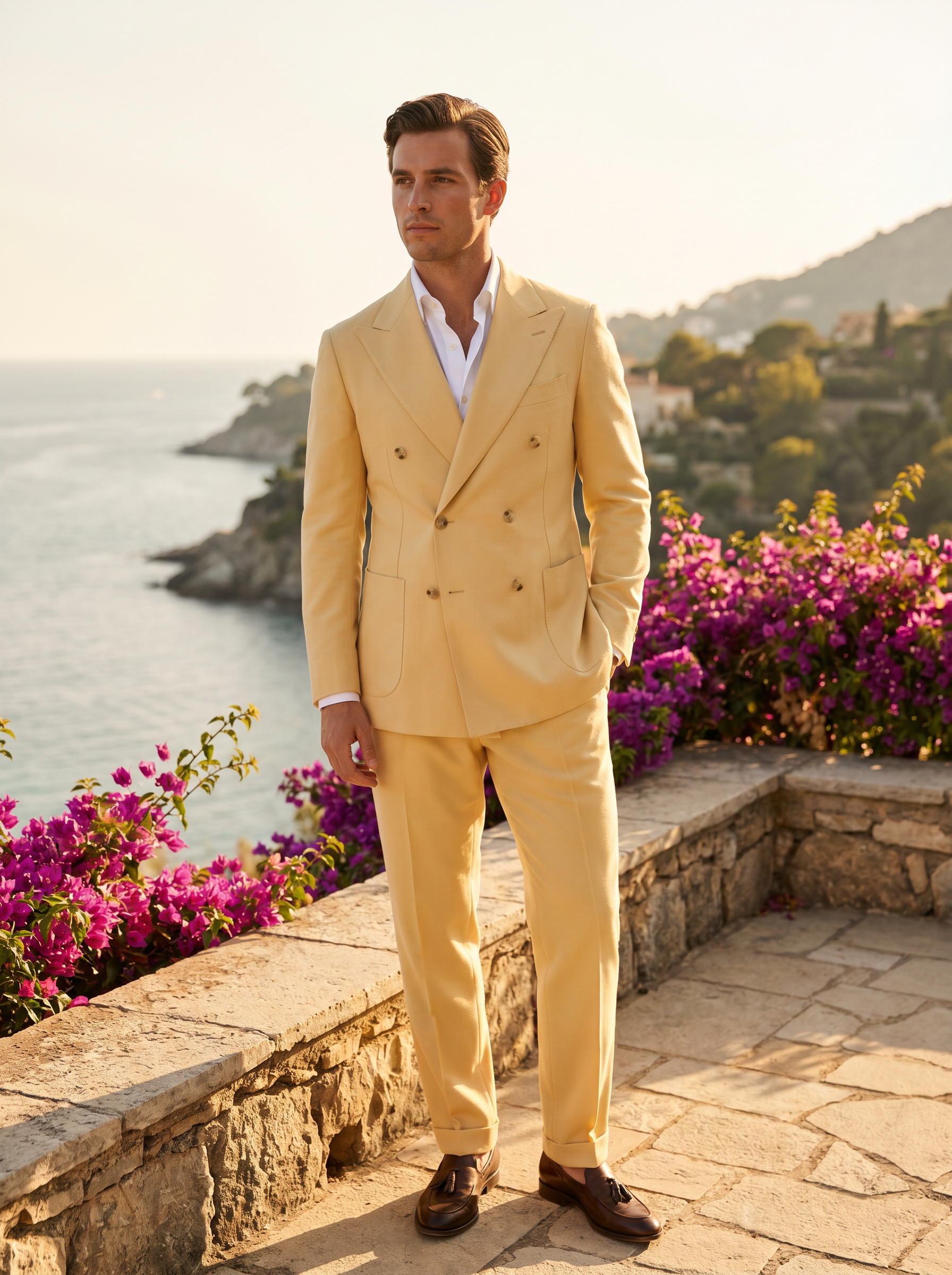 Butter Yellow Wool Double Breasted Suit — Custom Made to Measure - front view