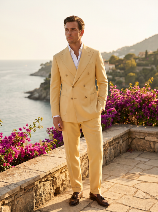 Butter Yellow Wool Double Breasted Suit — Custom Made to Measure - front view