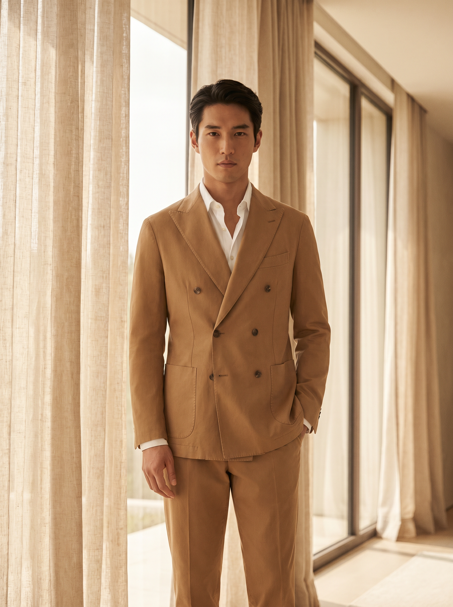 Camel Cotton Double Breasted Suit — Custom Made to Measure - front view