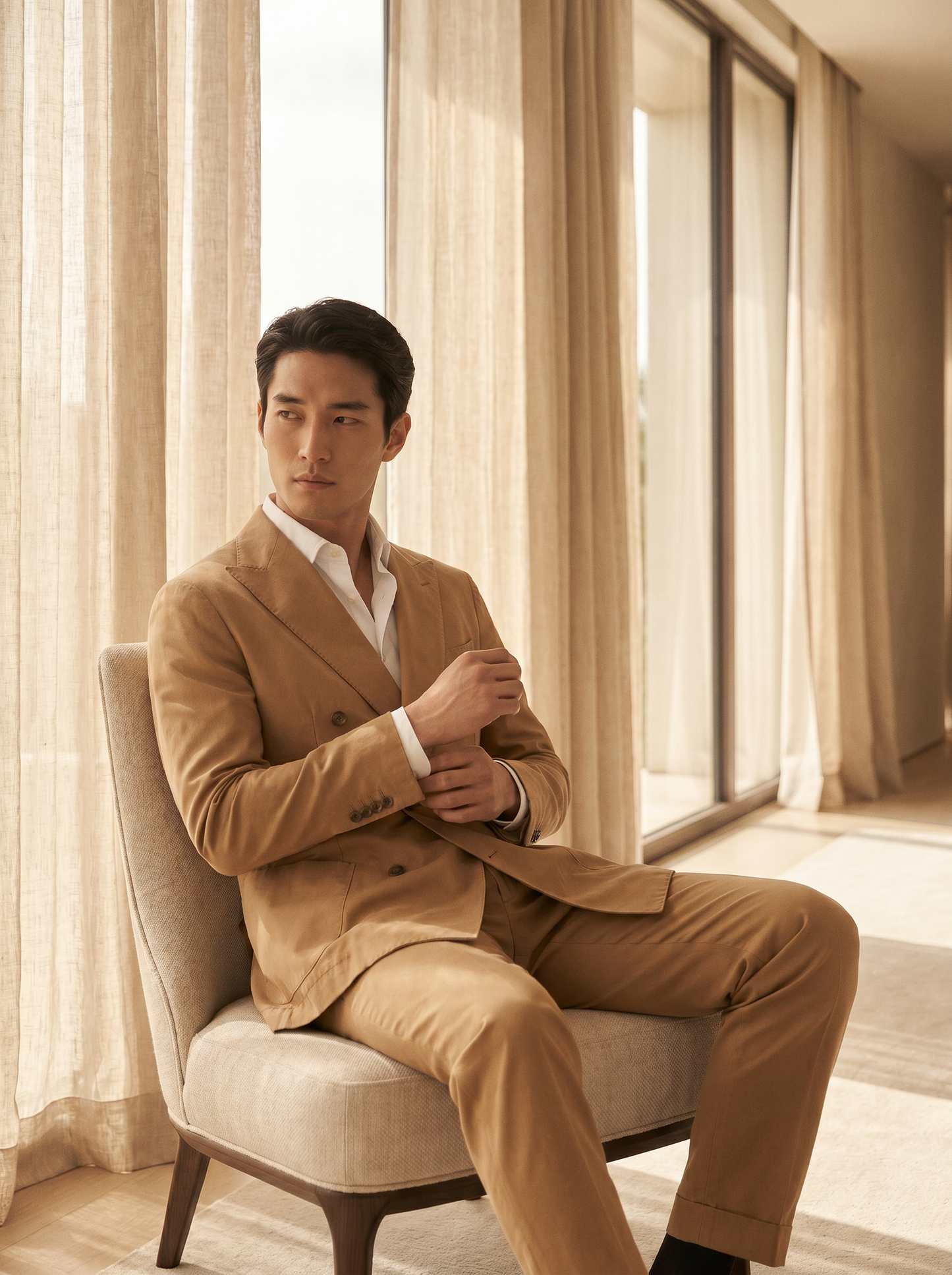 Camel Cotton Double Breasted Suit — Custom Made to Measure - seated view