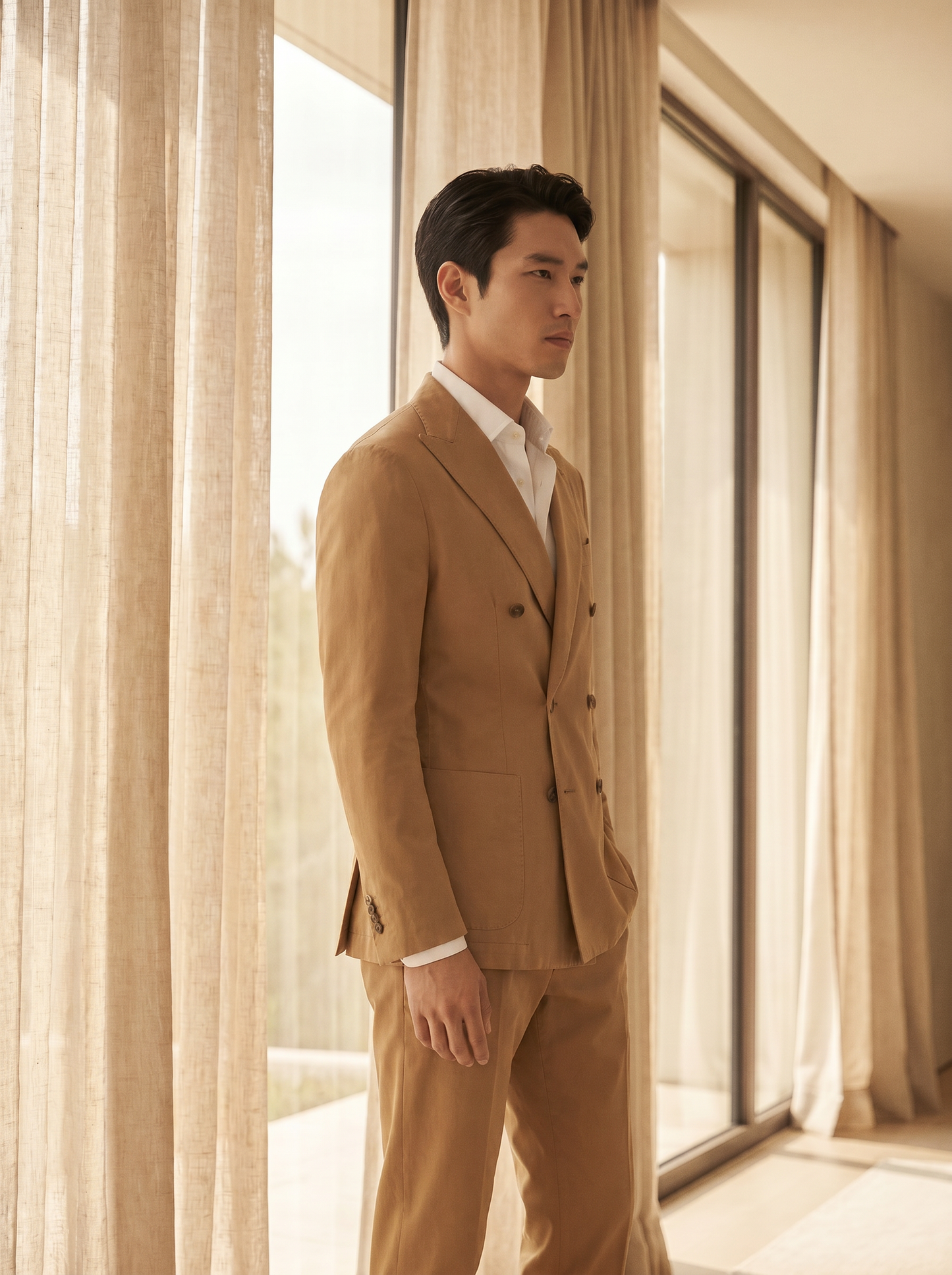 Camel Cotton Double Breasted Suit — Custom Made to Measure - side view